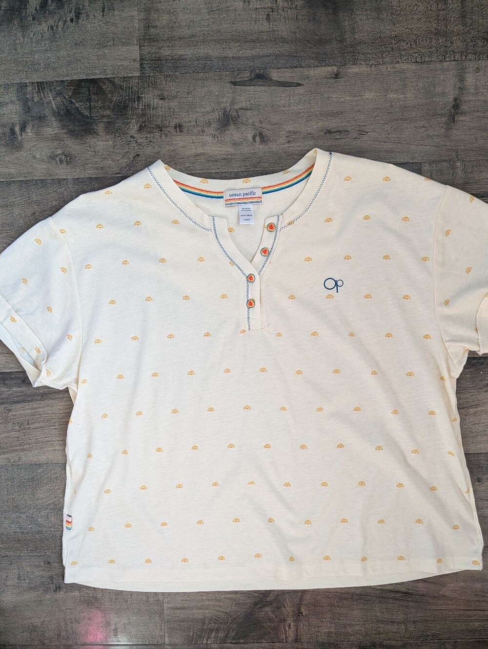 Retro 70s Ocean Pacific Sun Print Rainbow Henley Top L